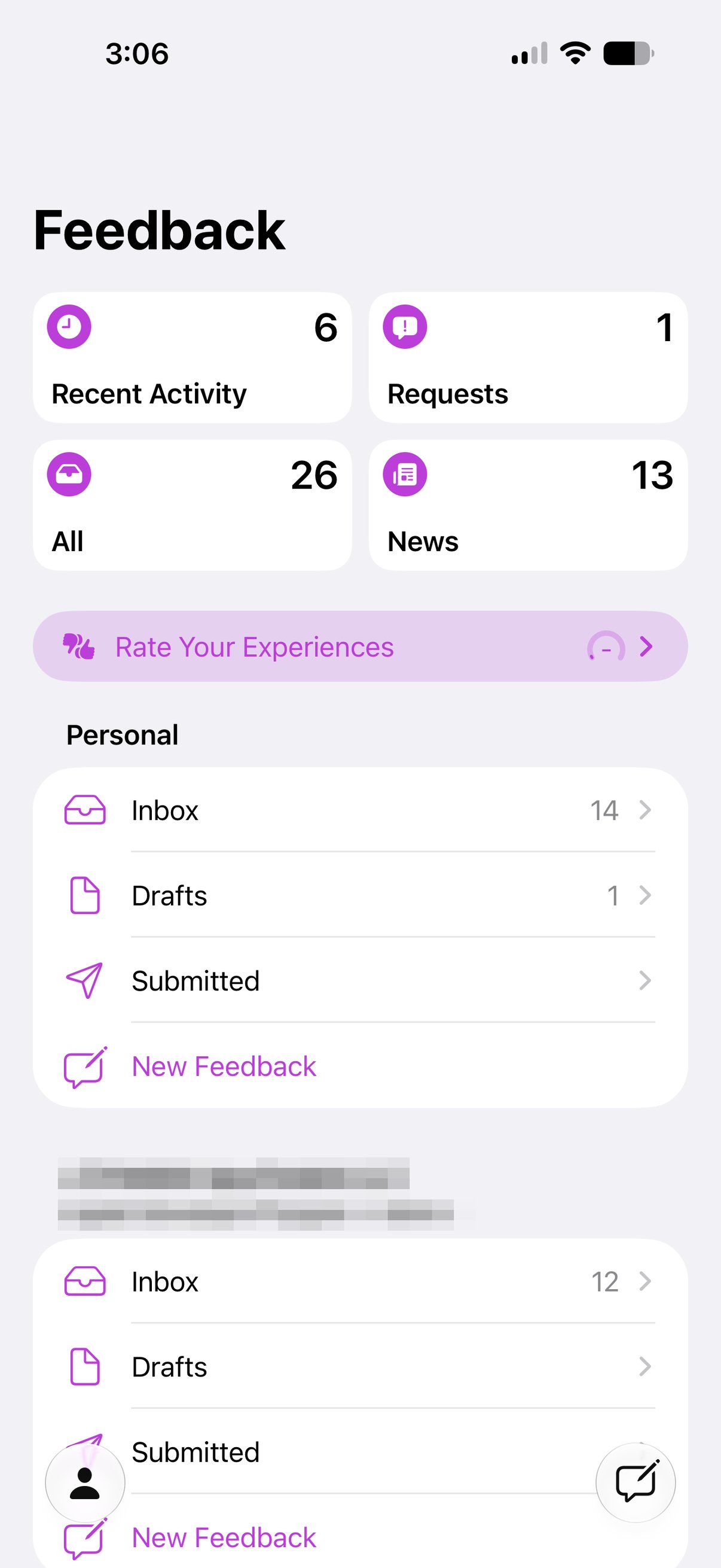 Apple's Feedback app on iOS, used to send bug reports and feedback during the beta.