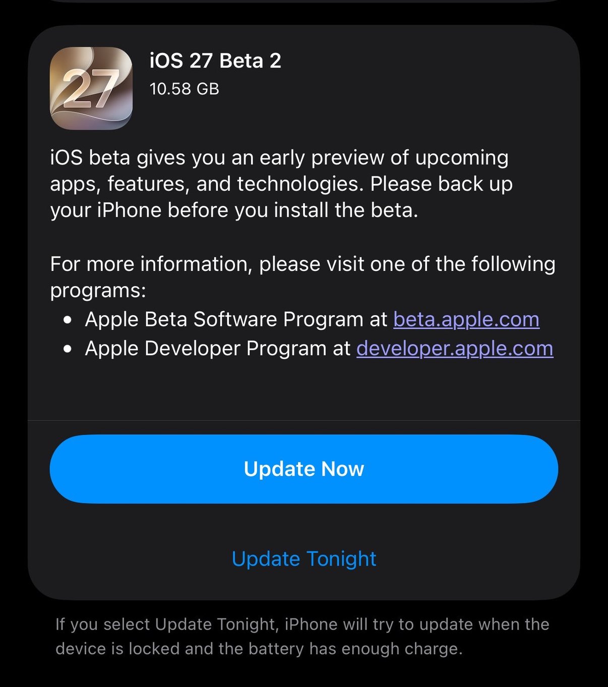 The iPhone Software Update screen showing iOS 27 Beta 2 at 10.58 GB, with Update Now and Update Tonight buttons and links to the Apple Beta Software Program and Apple Developer Program.