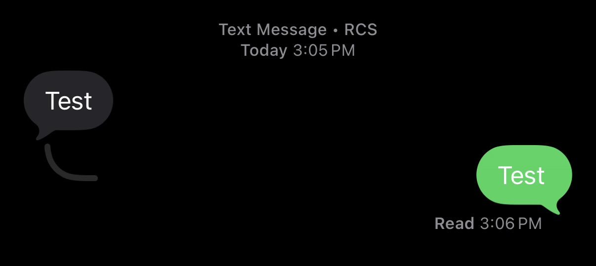 A Messages conversation in iOS 27 beta 2 labeled Text Message RCS, showing a received Test message and a sent Test reply marked Read, demonstrating inline replies for RCS.