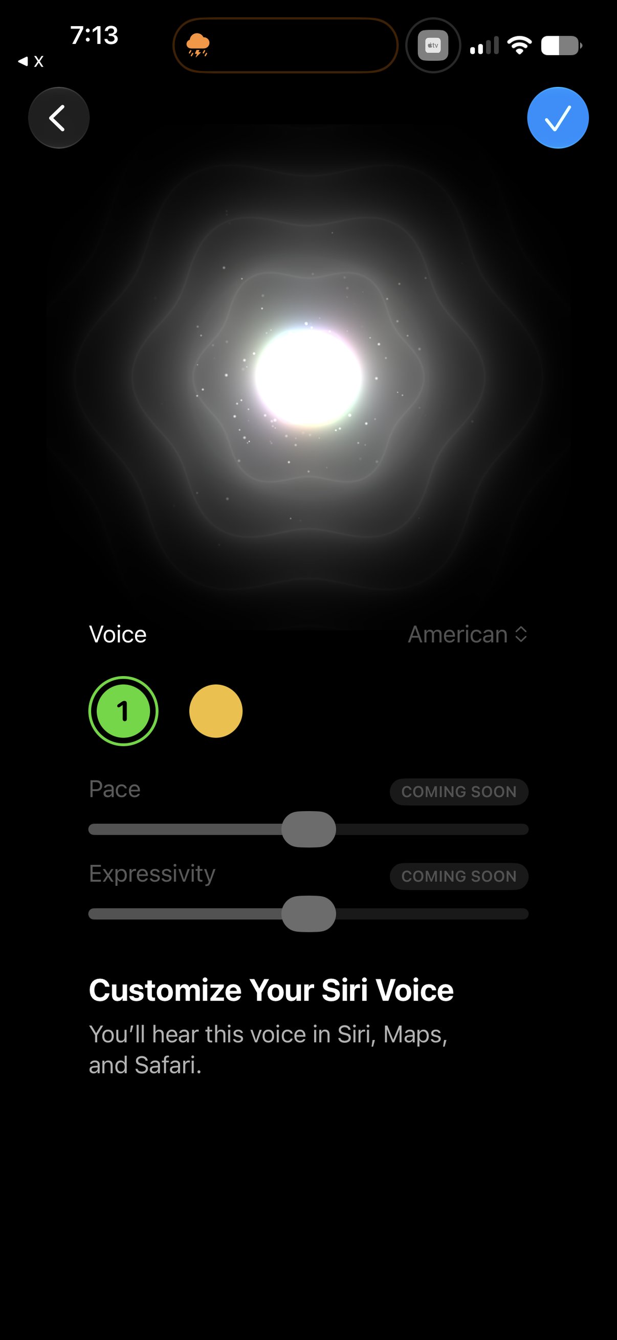 The Customize Your Siri Voice screen in iOS 27 beta 2, showing a glowing Siri orb, an American voice option, two voice color choices, and Pace and Expressivity sliders both marked Coming Soon.