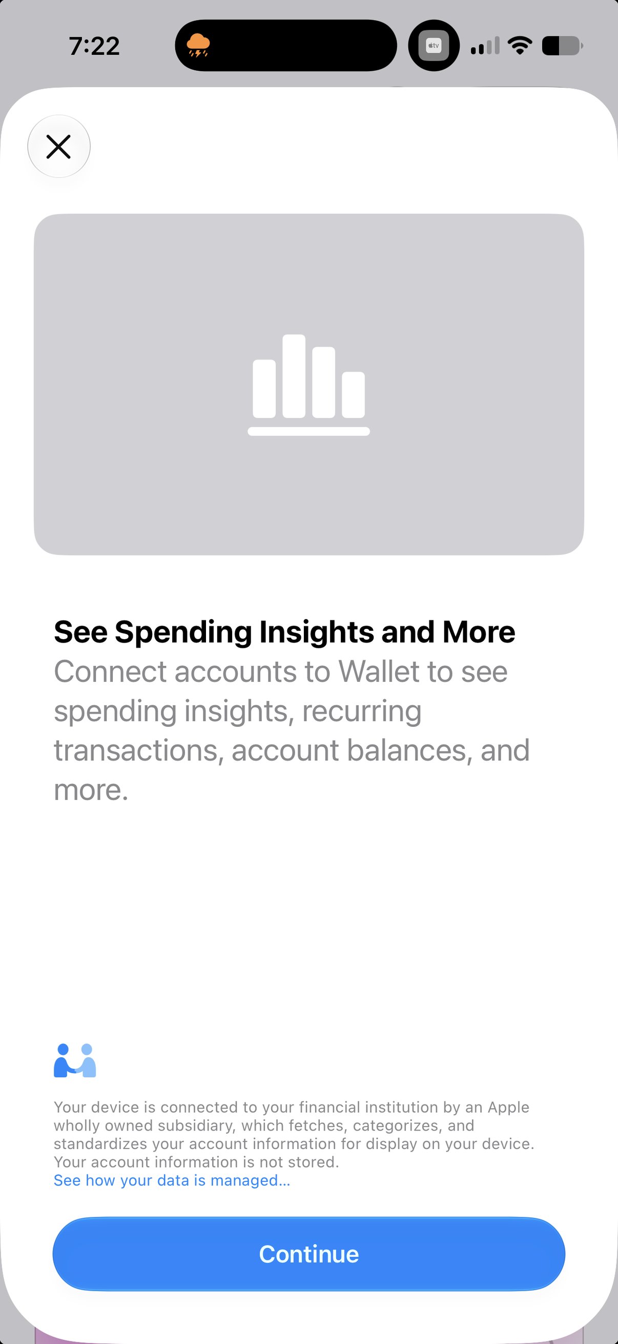 The See Spending Insights and More screen in Apple Wallet on iOS 27 beta 2, inviting you to connect accounts to see spending insights, recurring transactions, and account balances, with a Continue button and a privacy note.