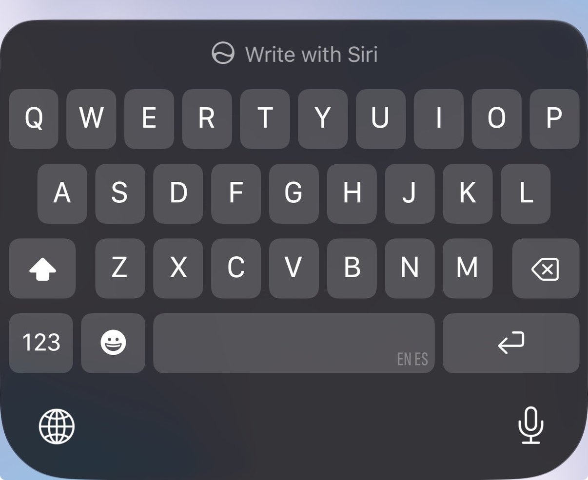 An iPhone keyboard in iOS 27 beta 2 showing a Write with Siri control above the keys, and an EN ES indicator on the space bar for bilingual English and Spanish typing.