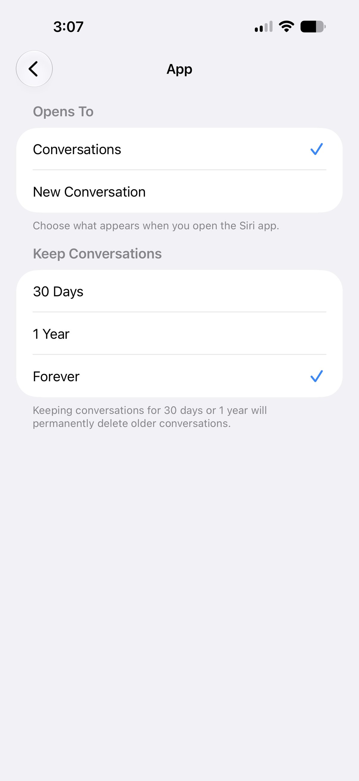 The Siri app settings in iOS 27 showing a Keep Conversations option with choices of 30 days, 1 year, or forever.