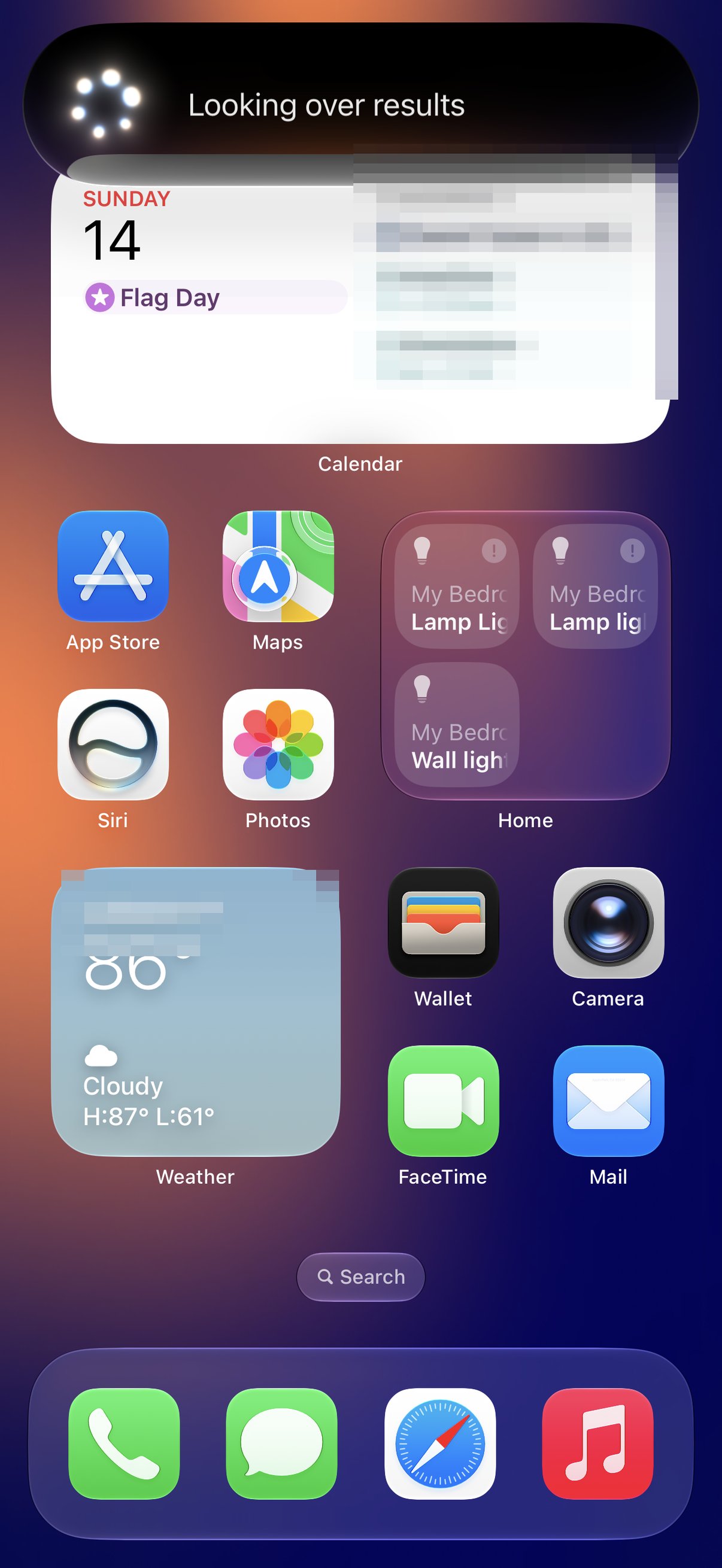 The new Siri showing a 'Looking over results' state while pulling information from on-device apps in the iOS 27 beta. Personal calendar details are blurred.
