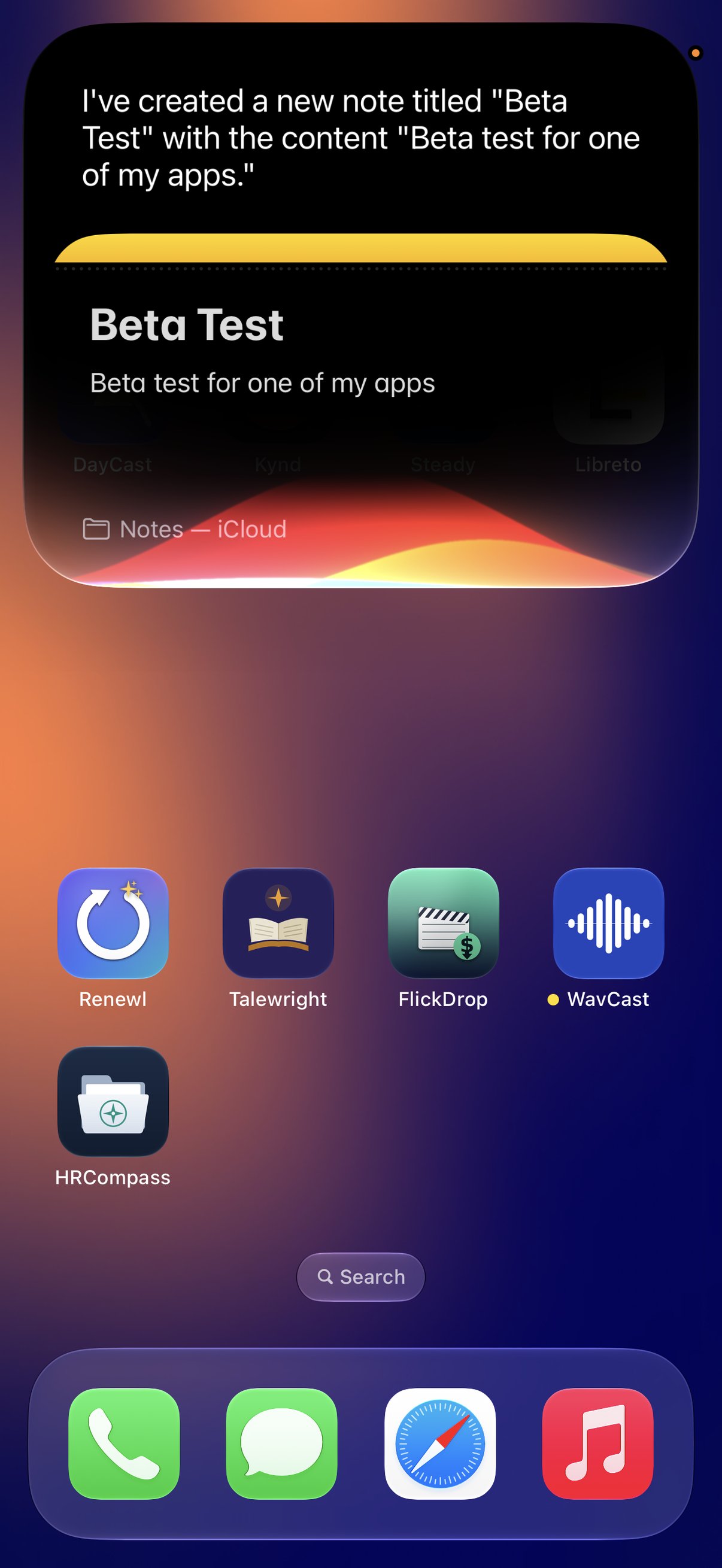 The new Siri confirming it created a note titled Beta Test with the content from a spoken request, shown in the Dynamic Island.