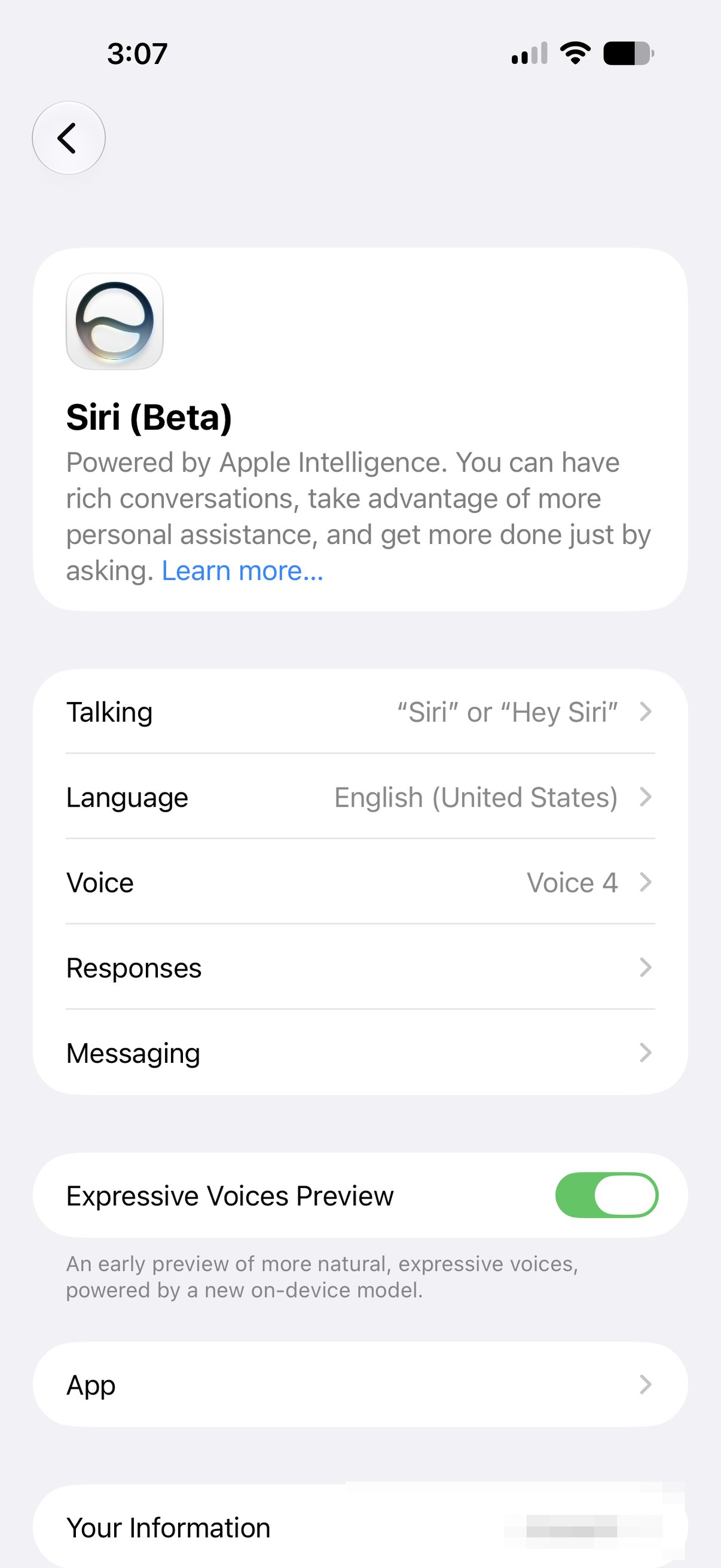 The Siri settings screen in the iOS 27 beta, labeled Powered by Apple Intelligence. Personal details blurred.