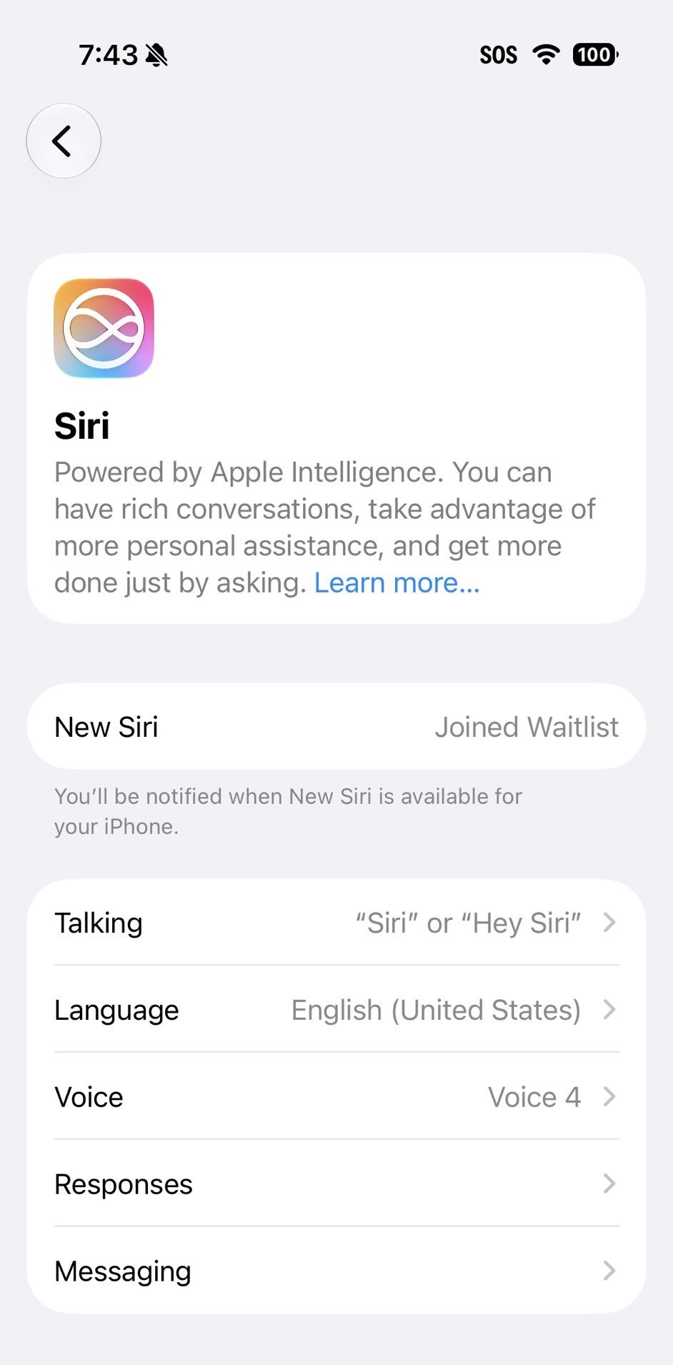 The Siri settings screen in iOS 27 showing the New Siri row with status Joined Waitlist.