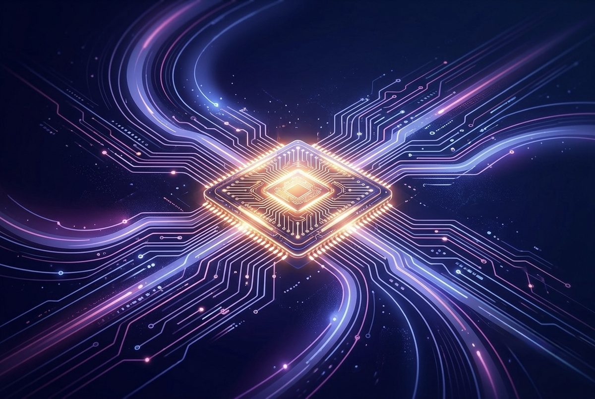 A glowing computer chip with circuit traces radiating outward like racetrack lanes.