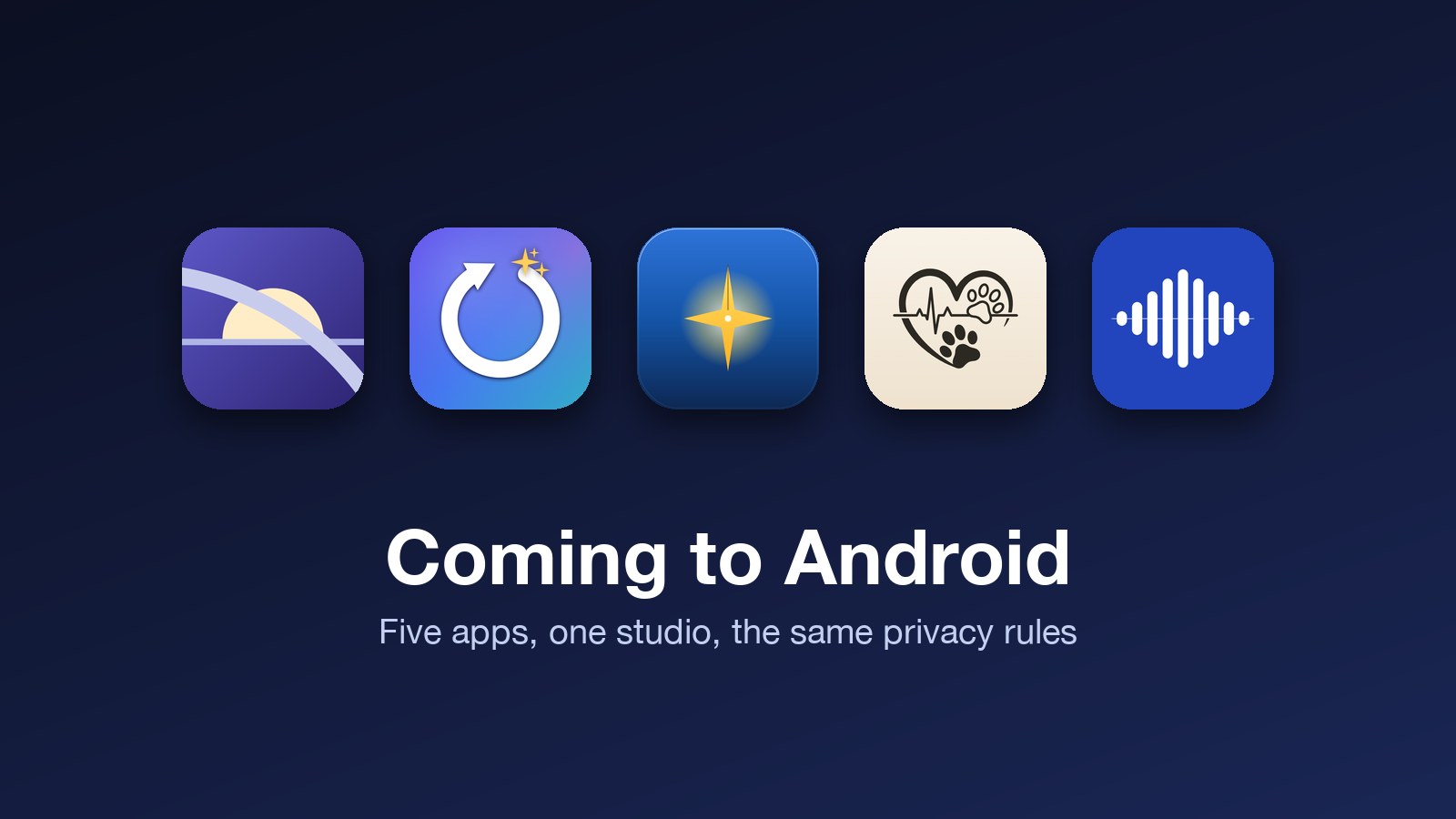 Five app icons in a row above the words Coming to Android