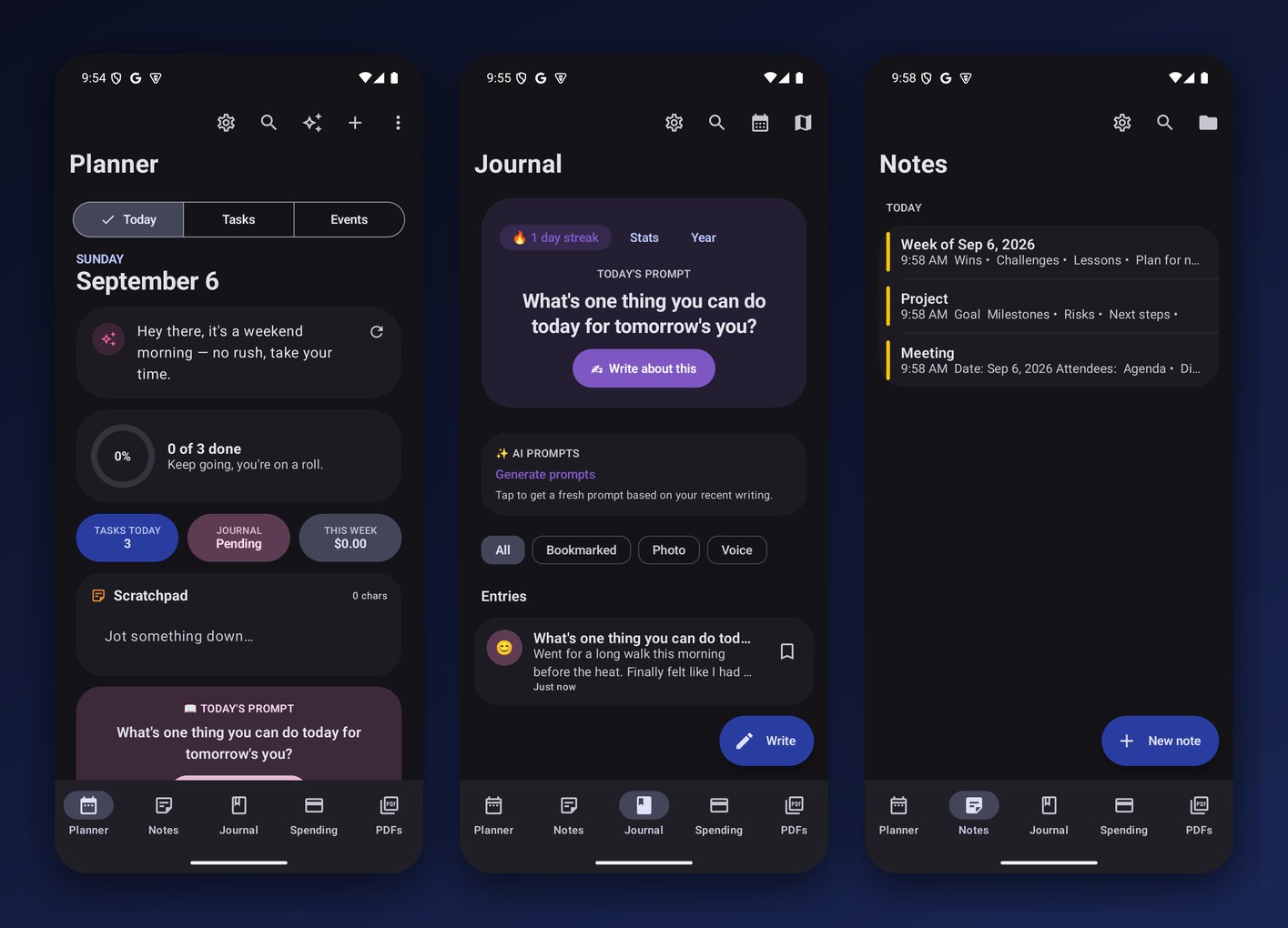 Three DayCast Android screens in dark mode: the Planner today view, the Journal with a saved entry, and the Notes list