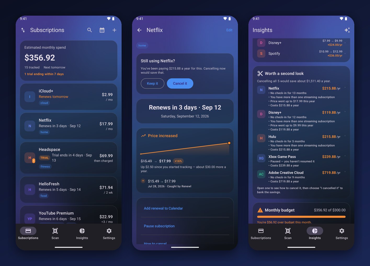 Three Renewl Android screens: the subscription list, the Netflix price history card, and the Worth a second look cancellation list
