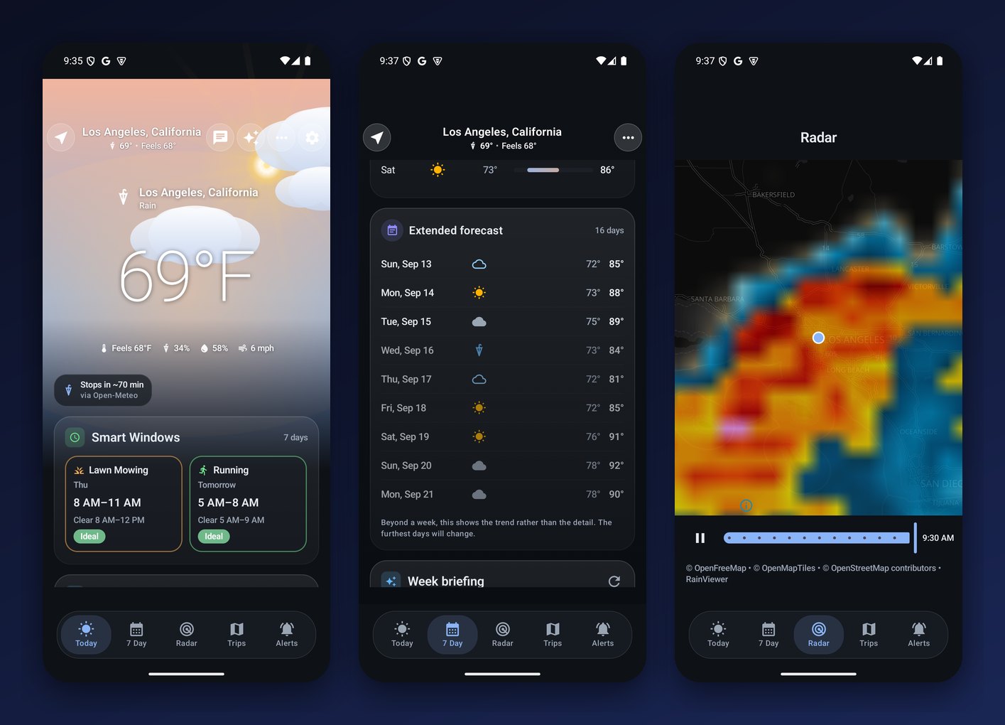 Three VeraCast Android screens for Los Angeles: current conditions with Smart Windows, the 16-day extended forecast, and the live radar map