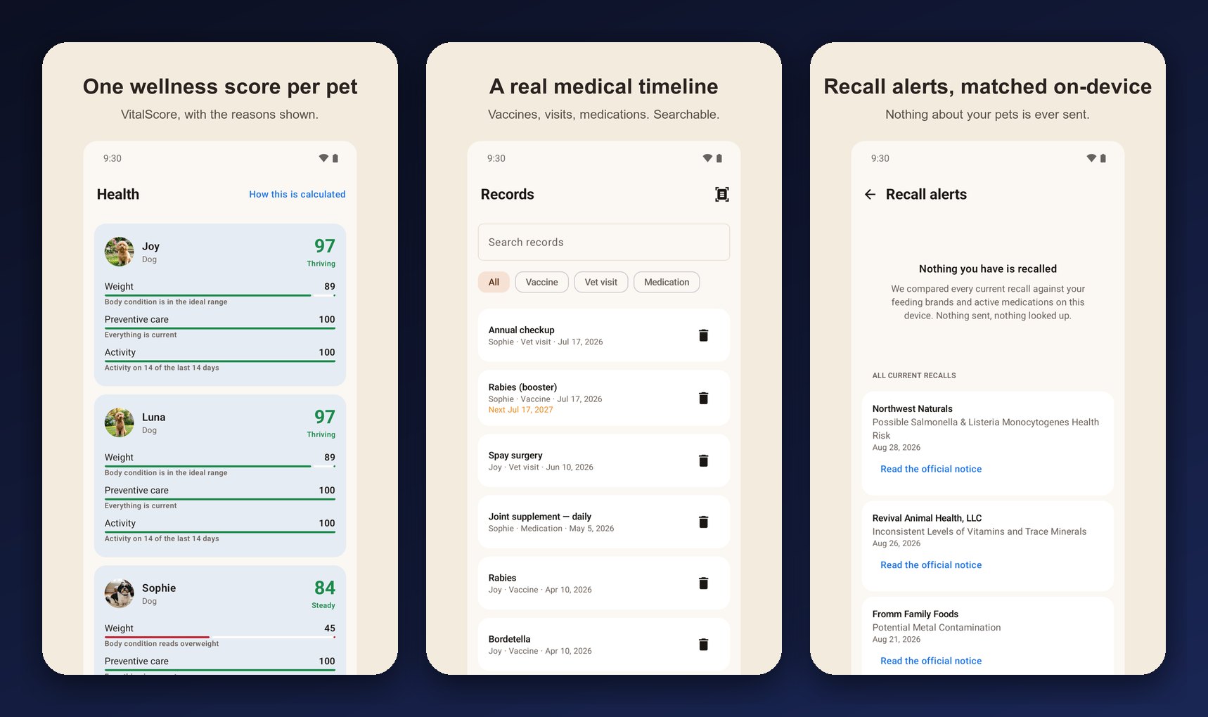 Three VitalLedger Android screens: a wellness score per pet, the medical records timeline, and recall alerts