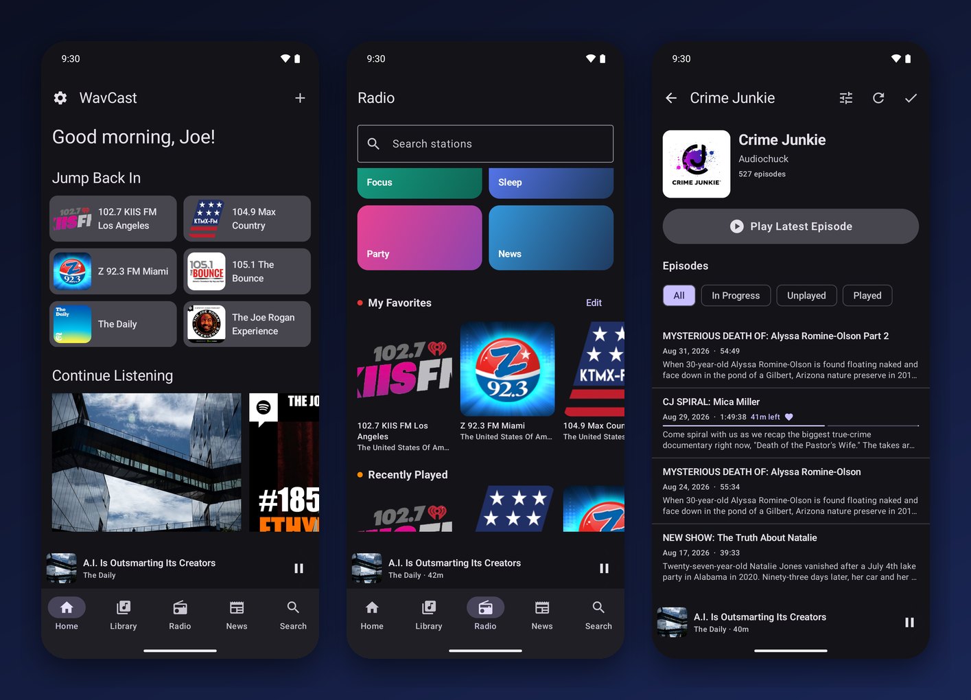Three WavCast Android screens: the home screen with Jump Back In, the live radio directory, and a podcast show page