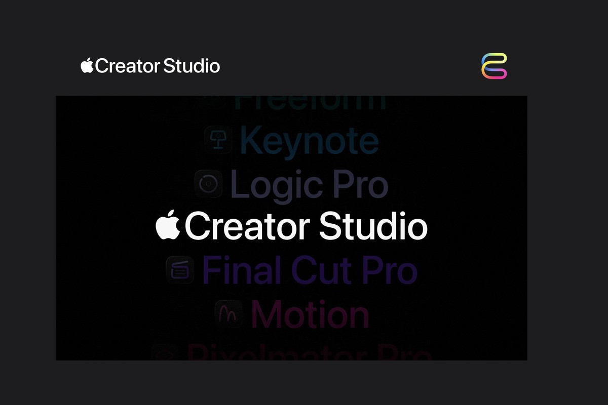 Apple Creator Studio promotional graphic listing the included apps: Freeform, Keynote, Logic Pro, Final Cut Pro, Motion, and Pixelmator Pro.