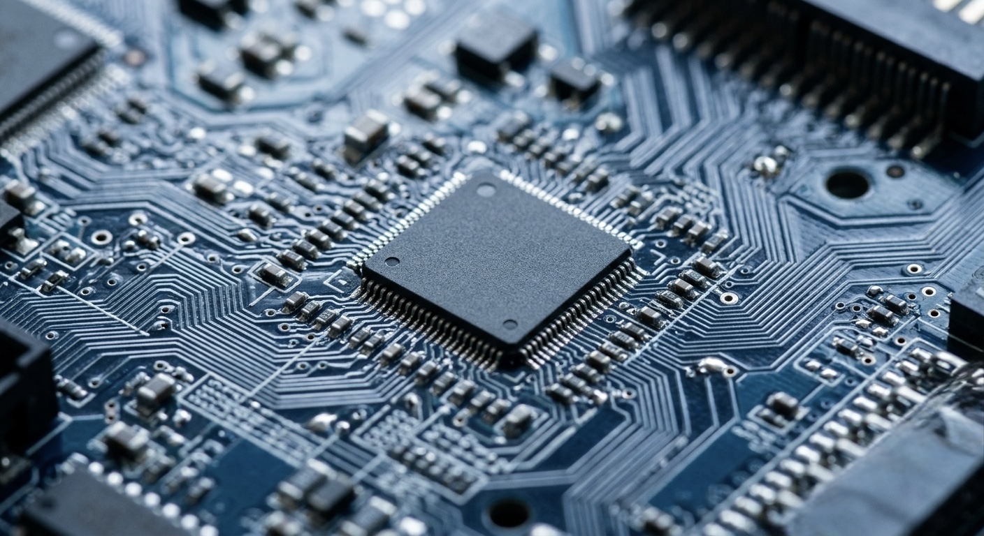 Macro close up of a silicon computer chip on a circuit board.