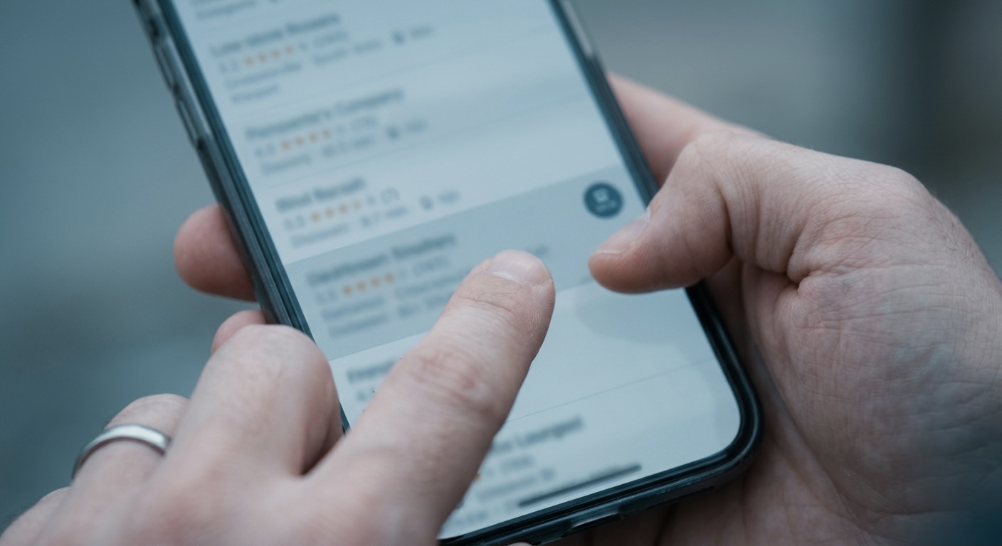 A close up of a hand tapping a modern smartphone with a large edge to edge display, no visible logo, showing a simplified map search results list with soft blurred rows, one row with a small indistinct badge in the corner, cool blue-teal color grading.