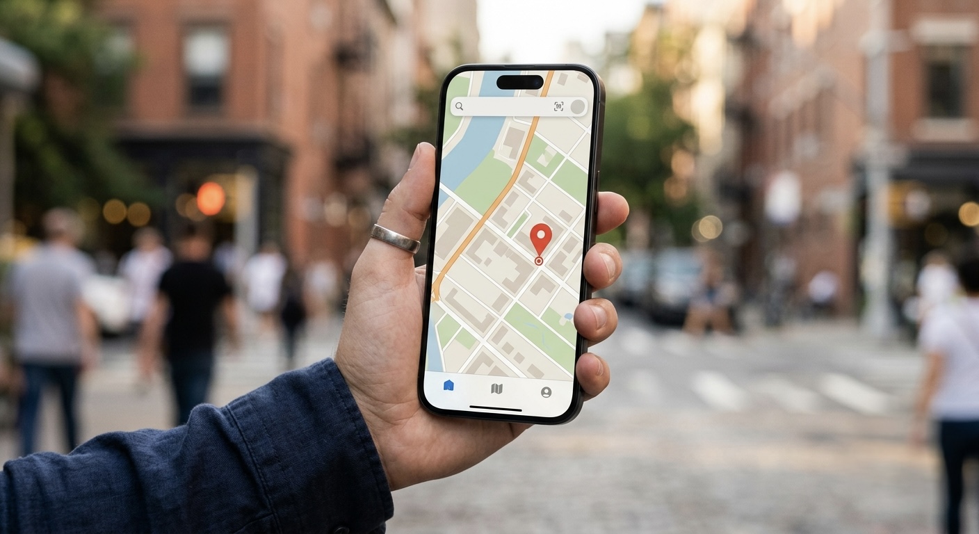 A smartphone in a hand showing a mapping app interface with a pin dropped on a city street, soft natural light, no visible logos or text.