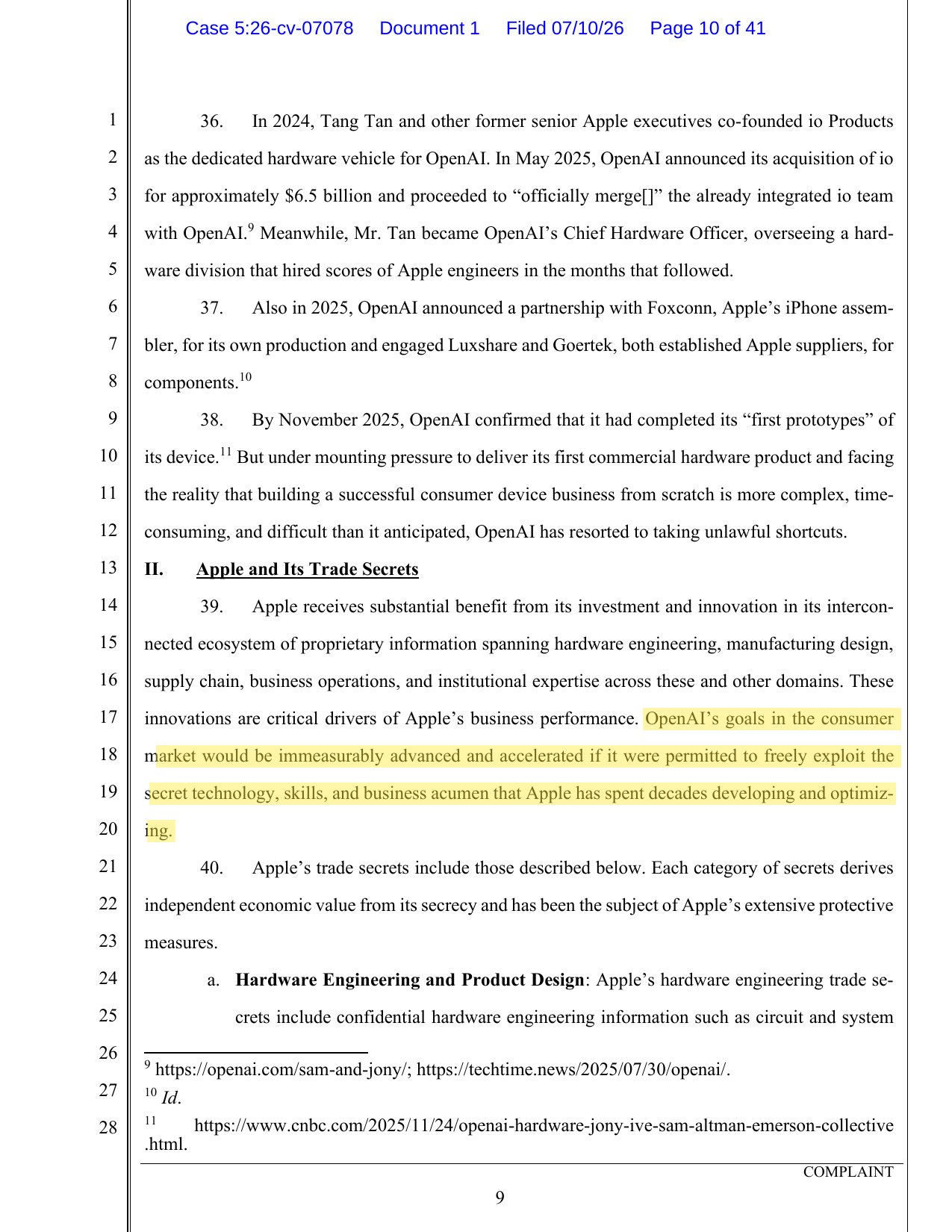 Complaint page 10, describing the io acquisition and OpenAI's hardware timeline.