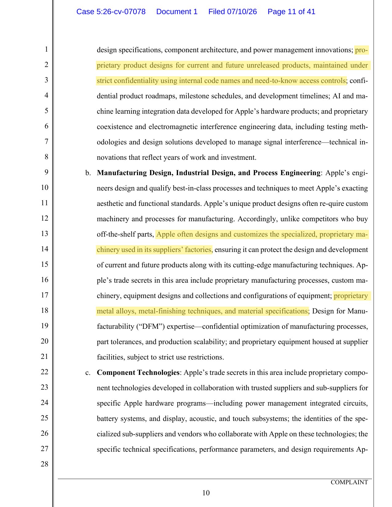 Complaint page 11, listing categories of Apple trade secrets including manufacturing and component technologies.