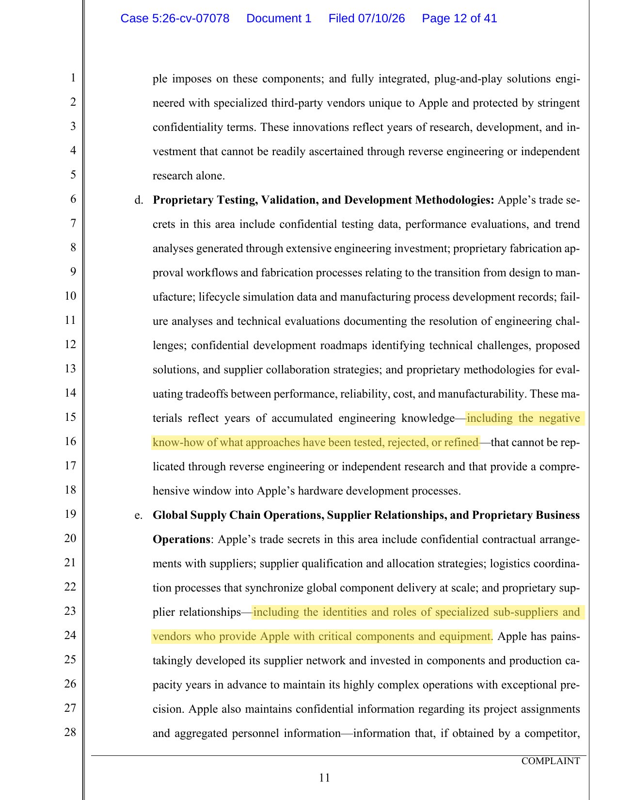 Complaint page 12, describing proprietary testing and development methodologies including negative know-how.