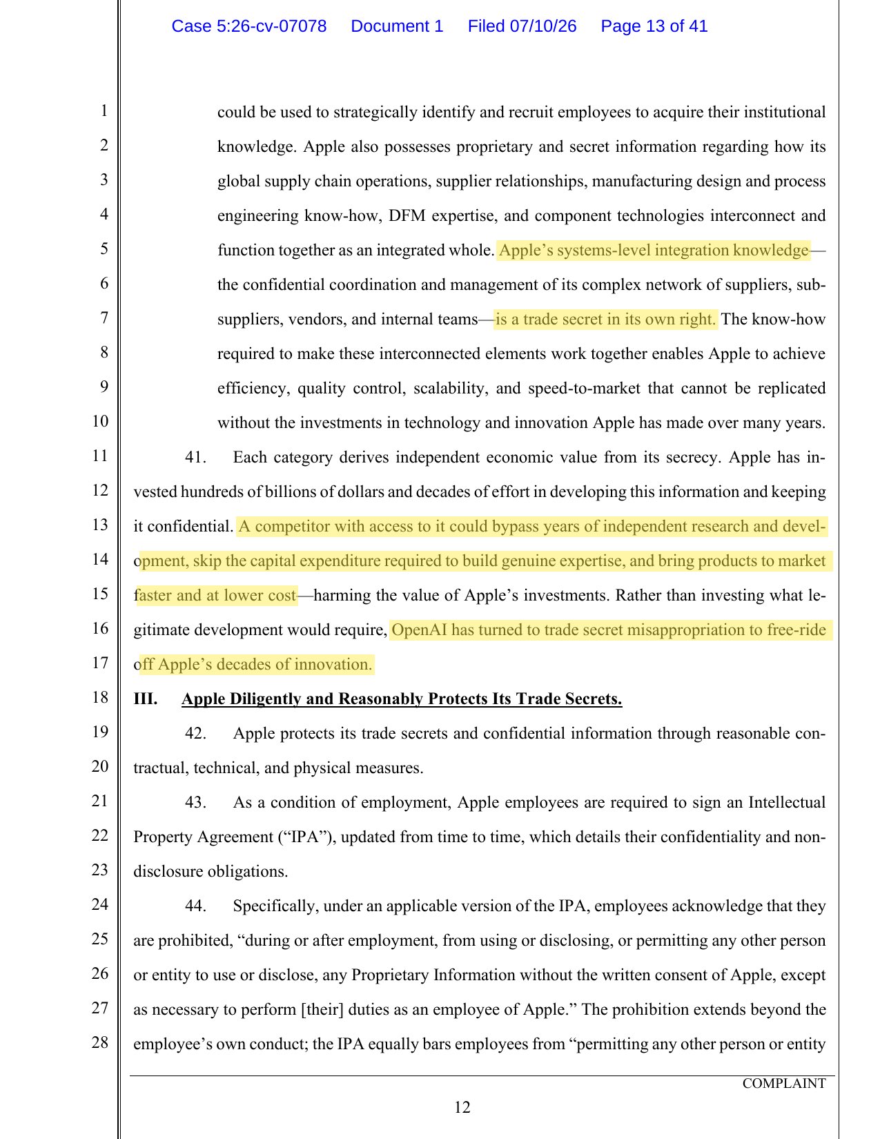 Complaint page 13, on systems-level integration knowledge and Apple's protective measures.