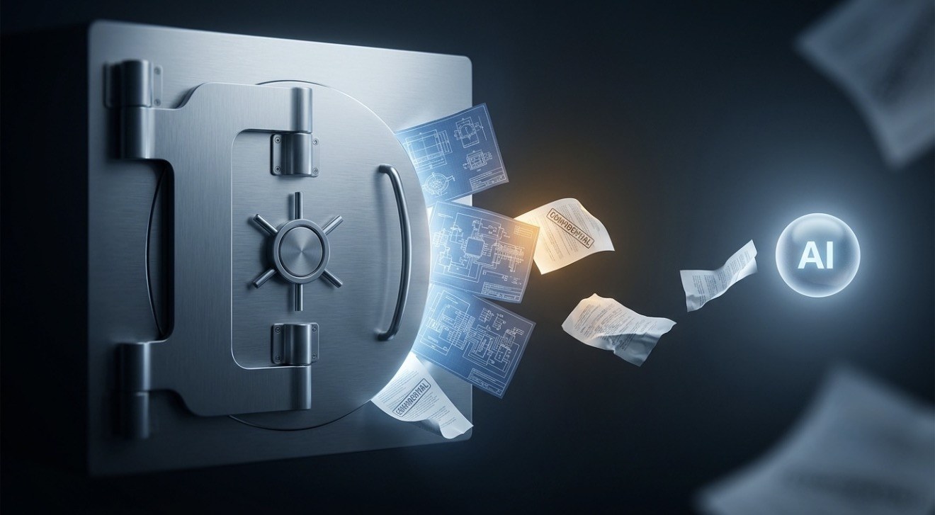 A brushed metal vault being pried open, with confidential blueprint pages spilling out toward a glowing AI orb.
