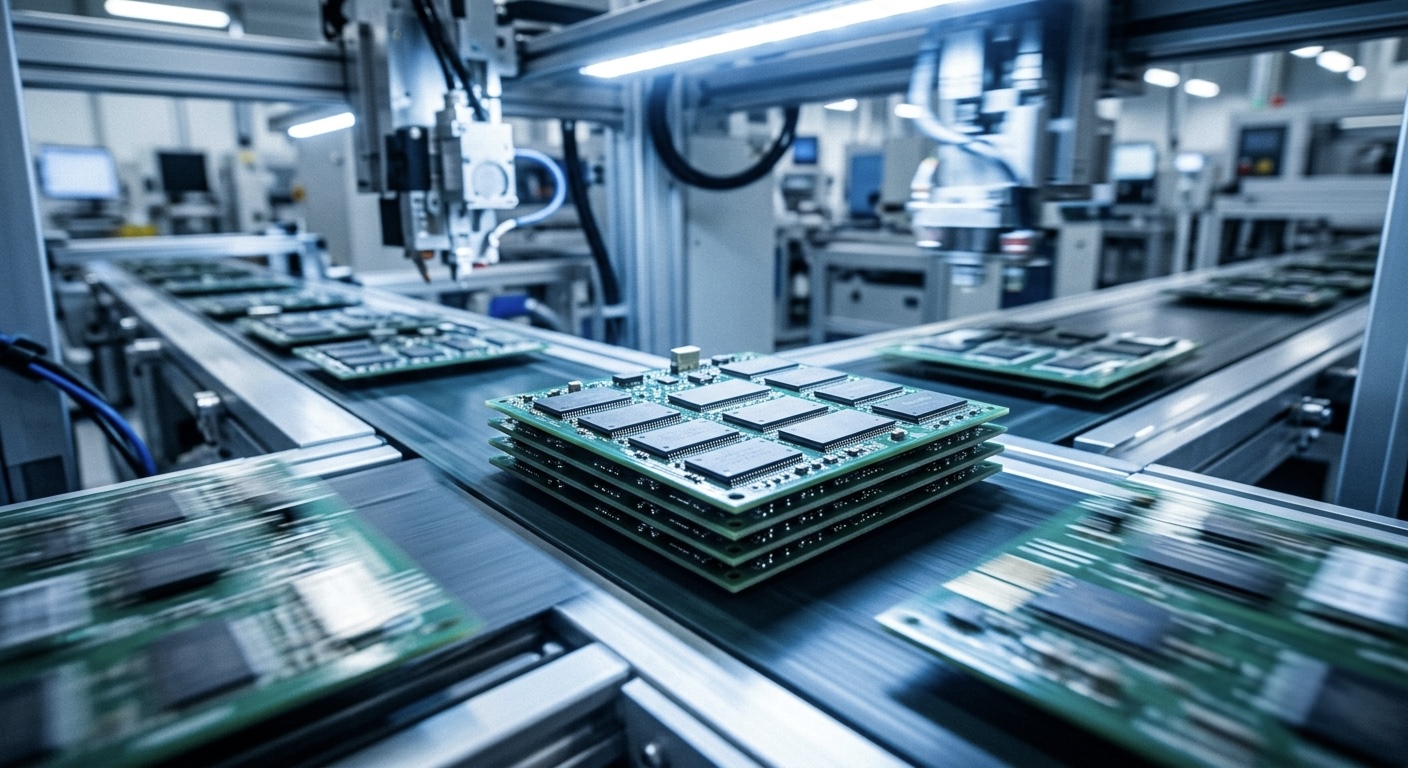 A stack of memory chips and circuit boards on an assembly line under bright industrial lighting, motion blur suggesting fast production.