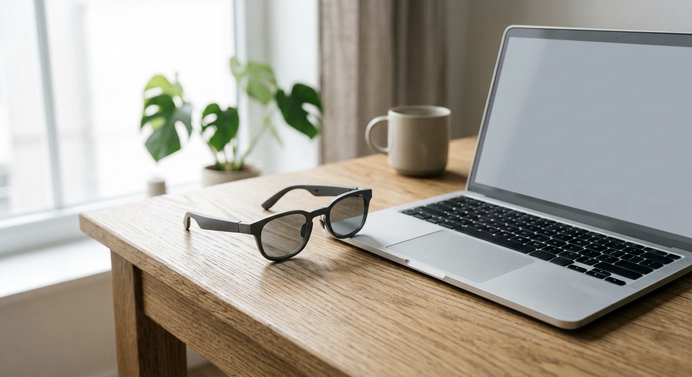 A pair of sleek smart glasses resting on a wooden desk beside an open laptop, soft natural window light.