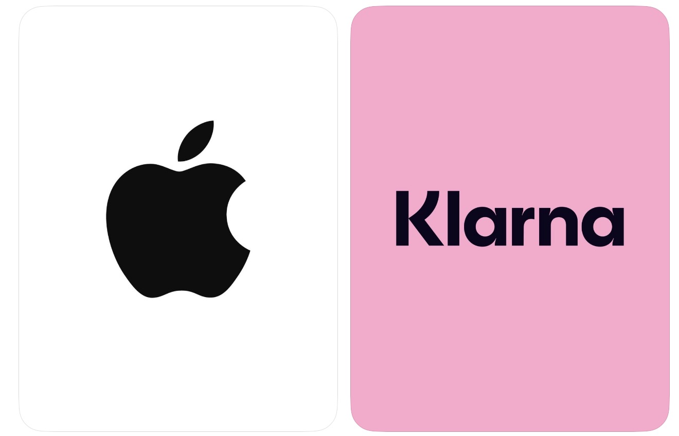 Apple and Klarna logos side by side, Apple's logo on white and Klarna's wordmark on pink