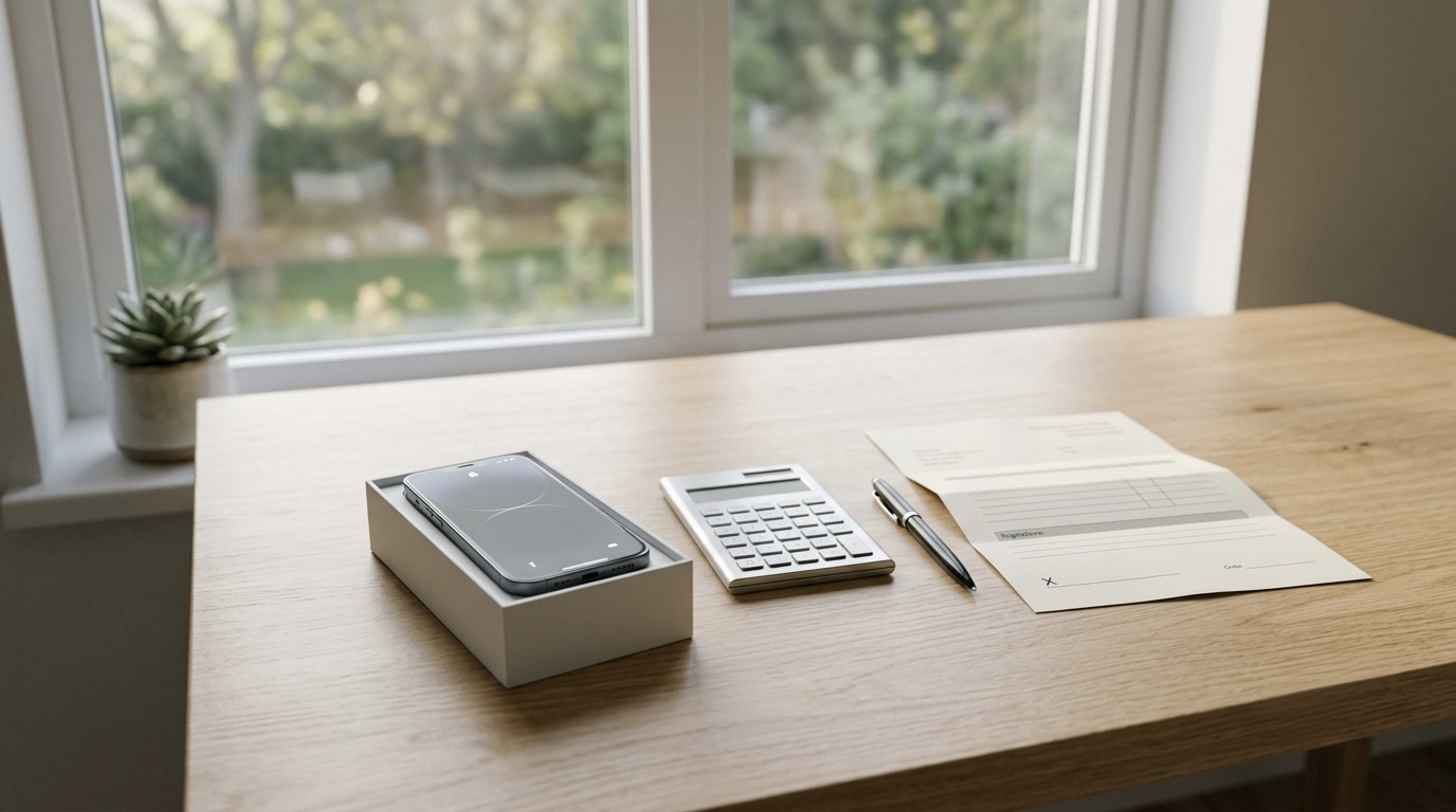 A new smartphone in an open box on a clean desk beside a calculator and a signed paper form, bright natural light, no readable text or logos.