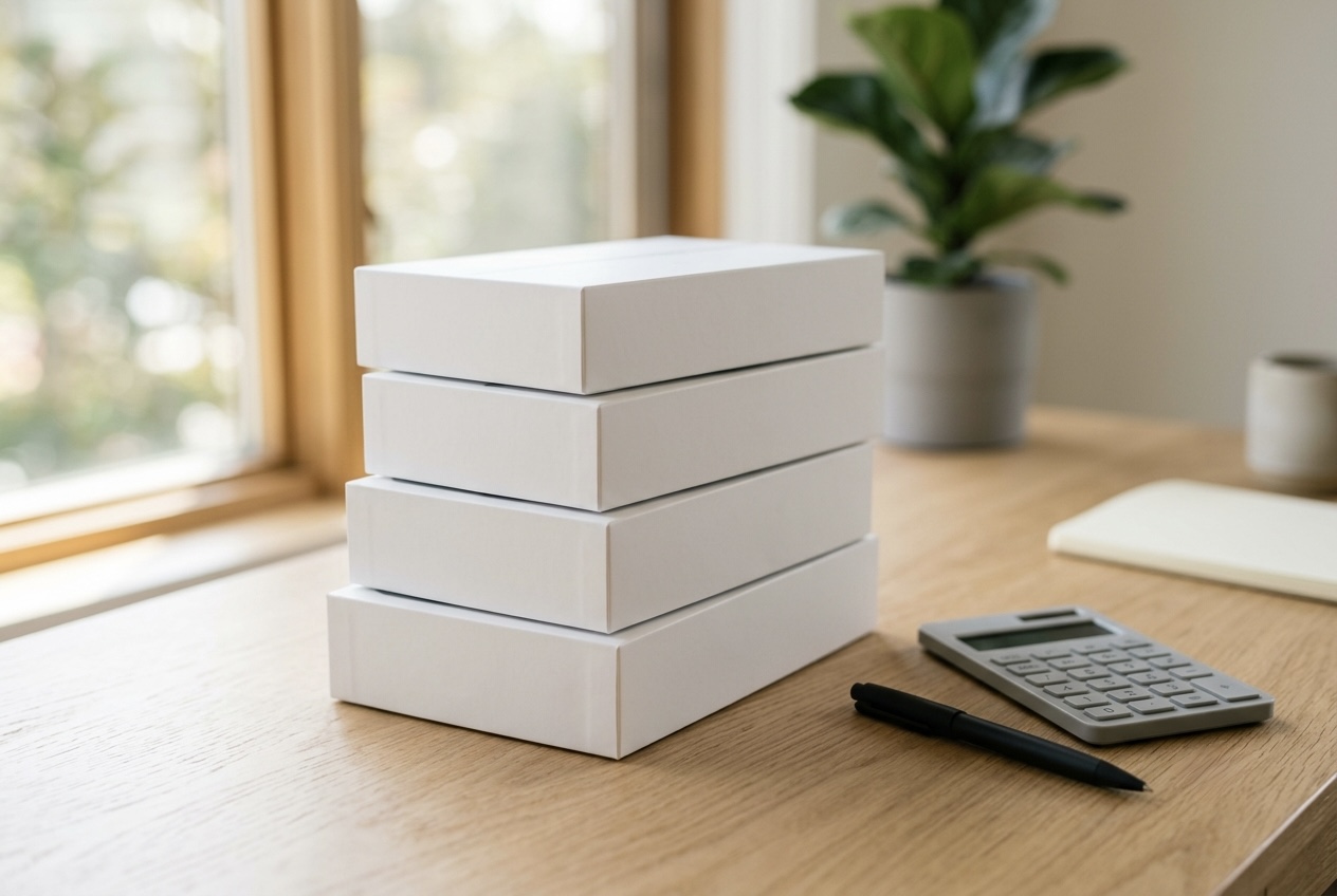 A stack of iPhone and iPad boxes on a clean desk beside a calculator and a pen, soft natural window light, no readable text or logos.