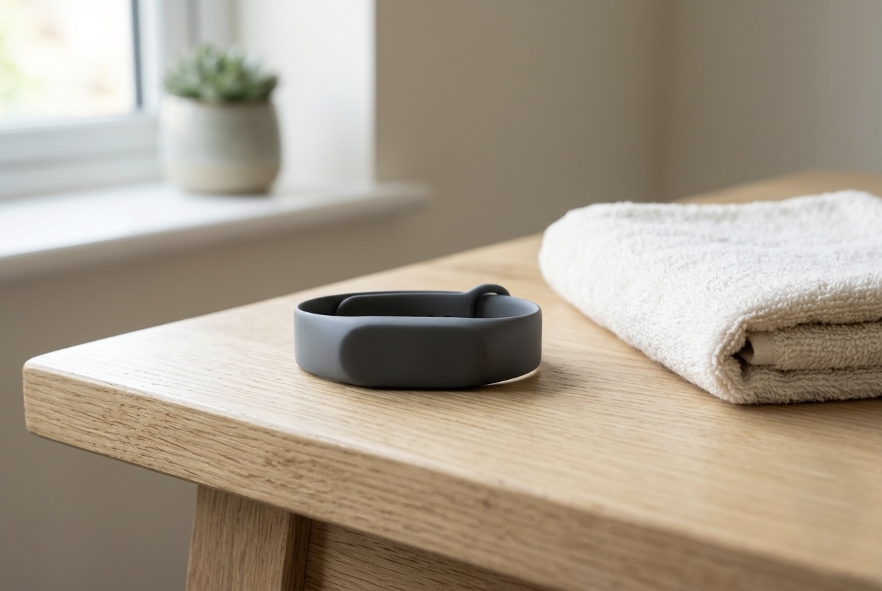 A minimalist screenless fitness tracker band resting on a light wooden surface next to a folded towel, soft daylight.