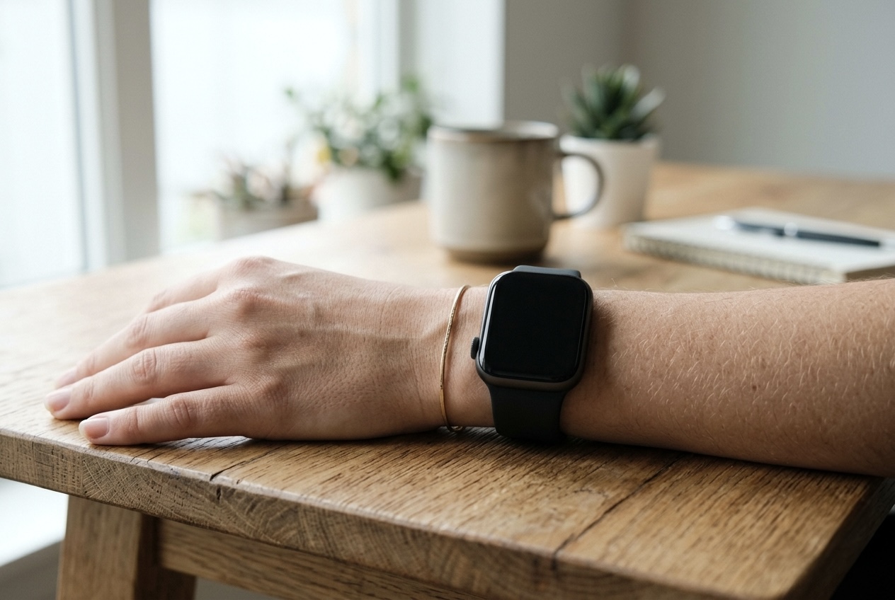 A round-faced smartwatch on a person's wrist, soft natural window light, minimalist desk setting in the background.