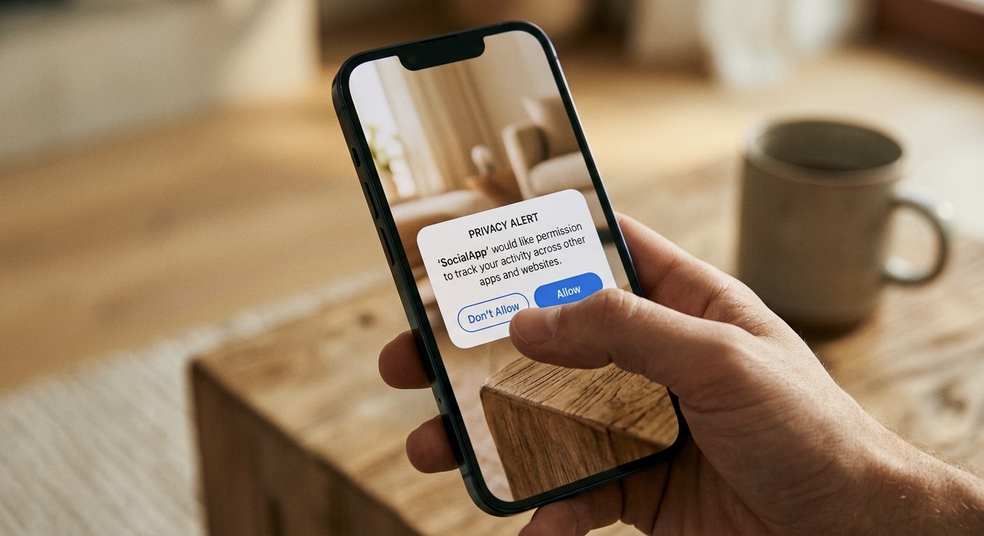 Smartphone showing a privacy permission alert popup with a hand gesture dismissing it