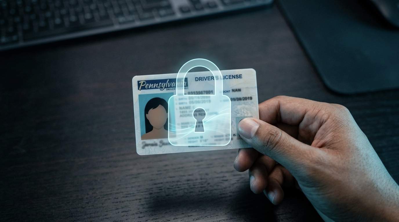 A close-up of a driver's license being handed over, with a faint digital lock overlay suggesting compromised personal data.