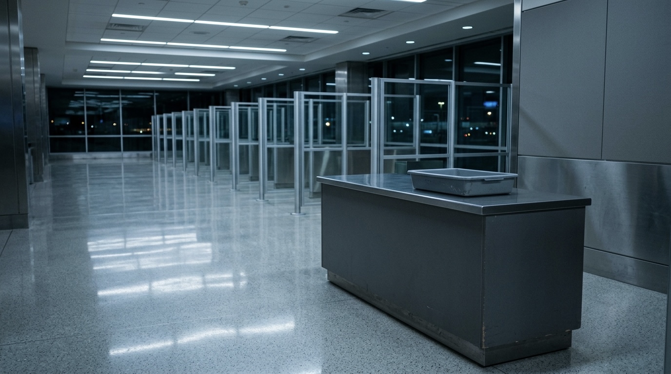 An empty airport international arrivals hall at night with a gray inspection counter in the foreground, no readable signage or logos.