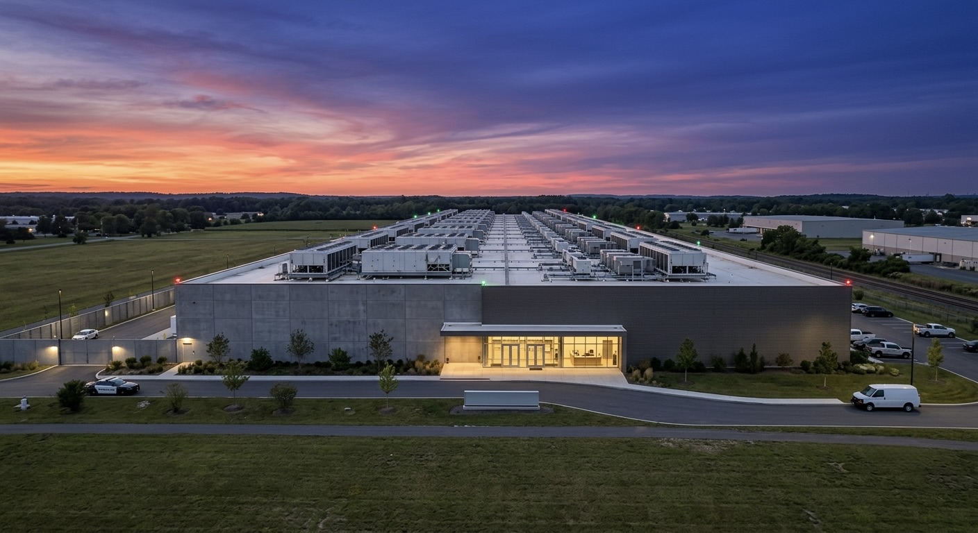 A large modern data center exterior at dusk with rows of cooling units on the roof