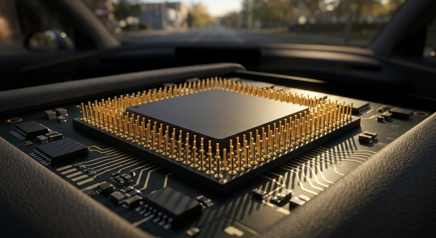 A macro photo of an AI chip on a circuit board with gold connector pins