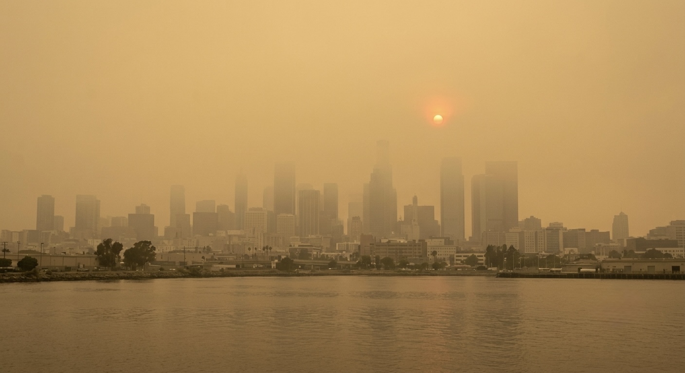 A hazy, yellow-orange tinted city skyline seen through wildfire smoke haze.