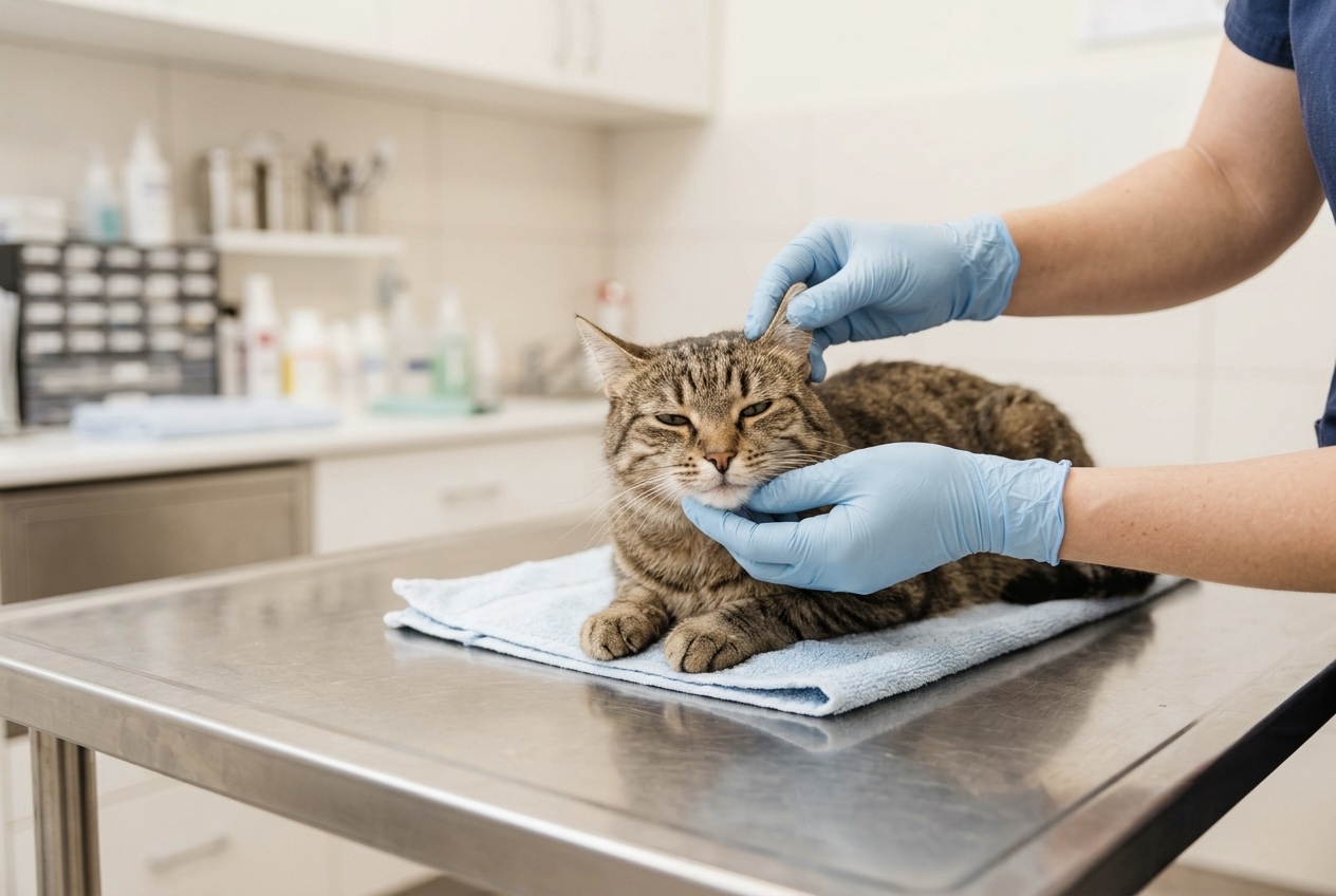 A calm cat being gently examined on a stainless steel exam table by a veterinarian's hands, clean clinic lighting.