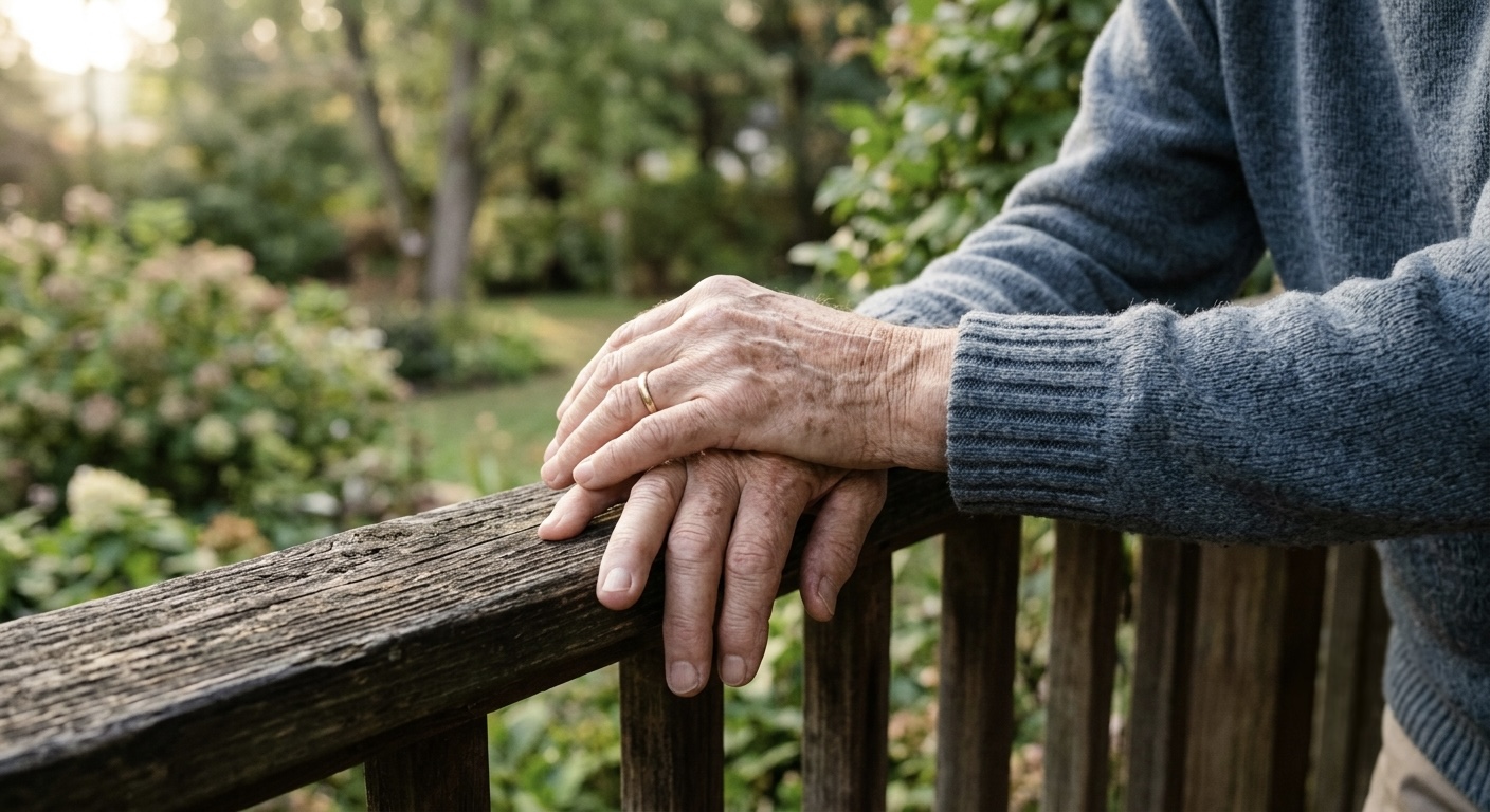 An older adult's hands resting on a wooden porch railing in soft morning light, warm and calm mood, no visible face.