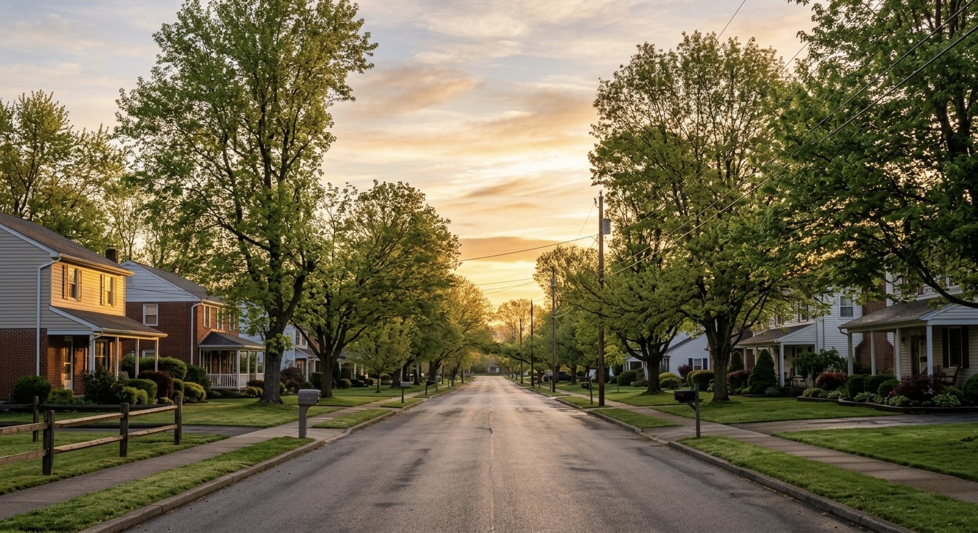 A calm sunrise over a quiet neighborhood street, soft warm light, no visible people, faces, or text.
