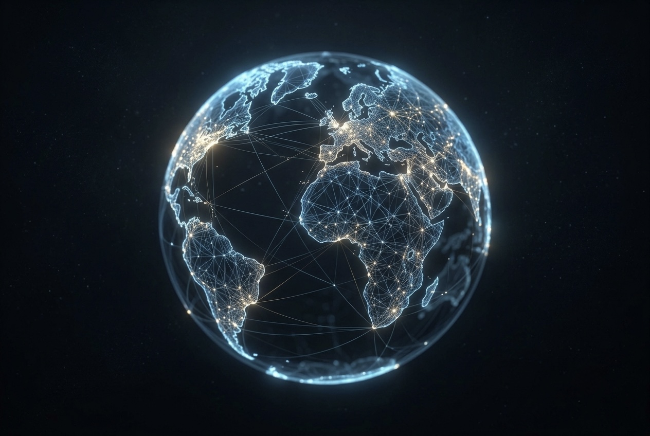 A softly glowing globe icon rendered as a network of connected points, dark background, minimalist.