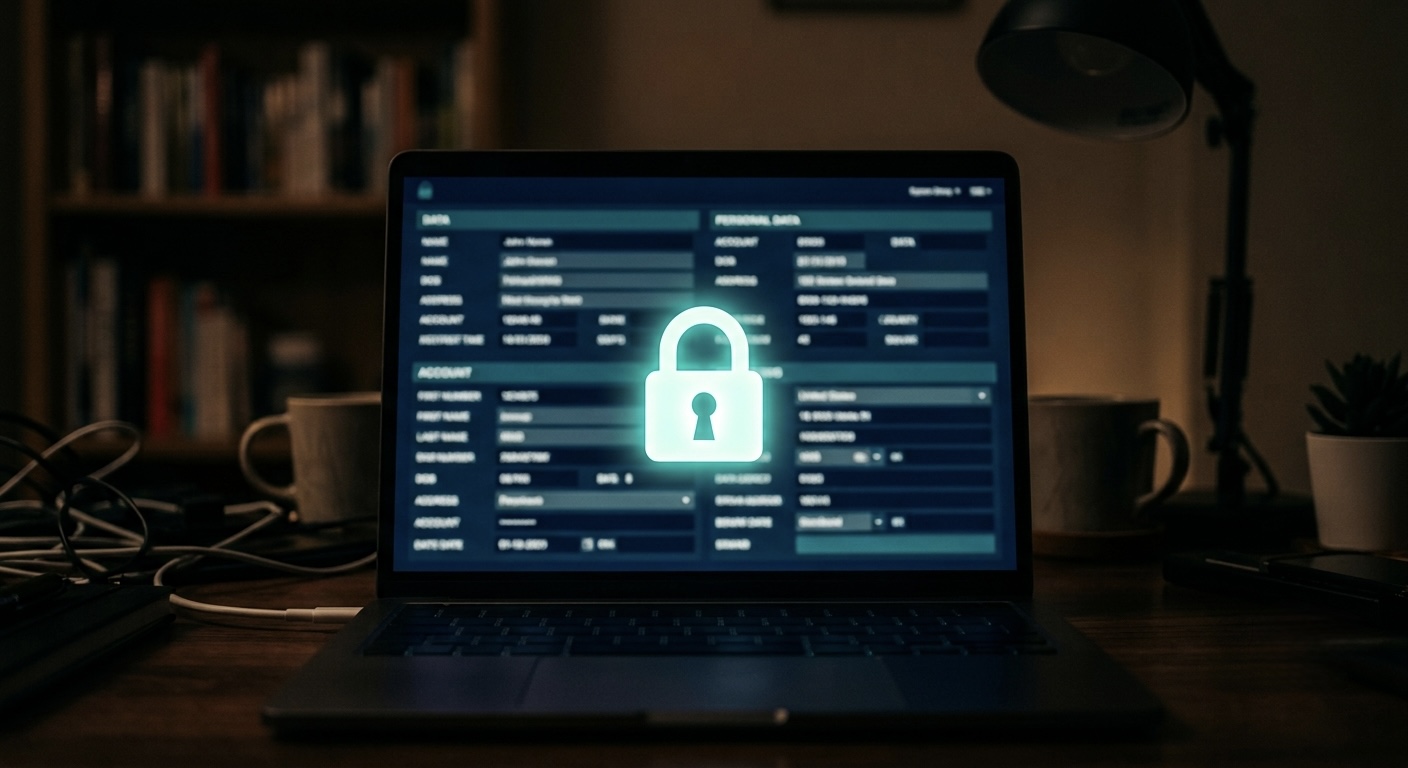 A padlock icon glowing on a laptop screen over a blurred display of generic personal data fields, dim home office setting.