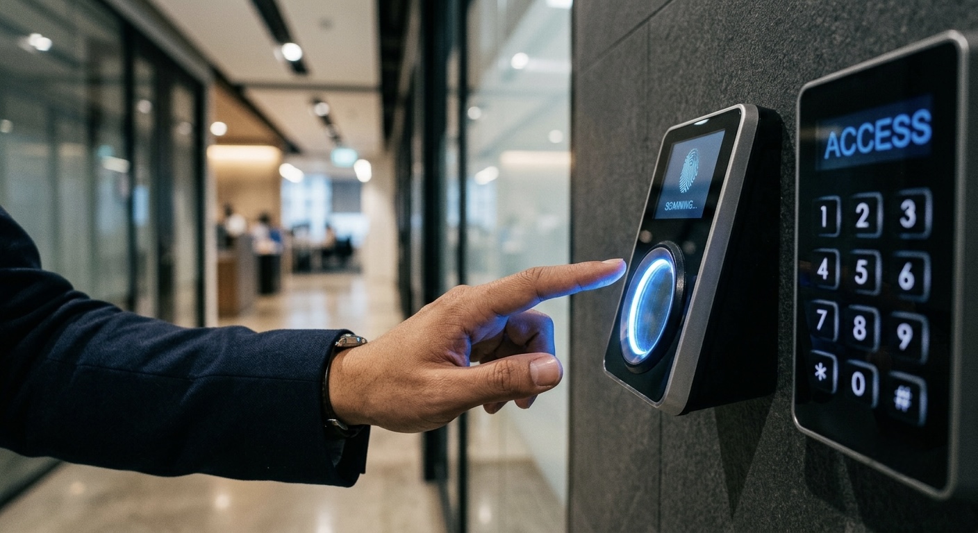 A hand hovering above a biometric fingerprint scanner mounted on an office wall next to a keypad, cool blue security lighting.