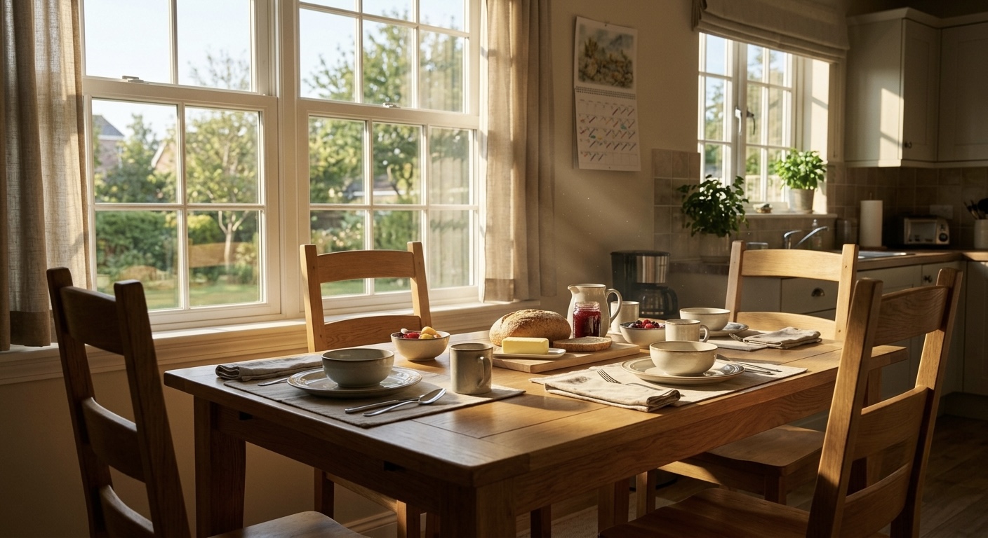 A tidy kitchen table set for breakfast at the same time each day, sunlight streaming through a window.