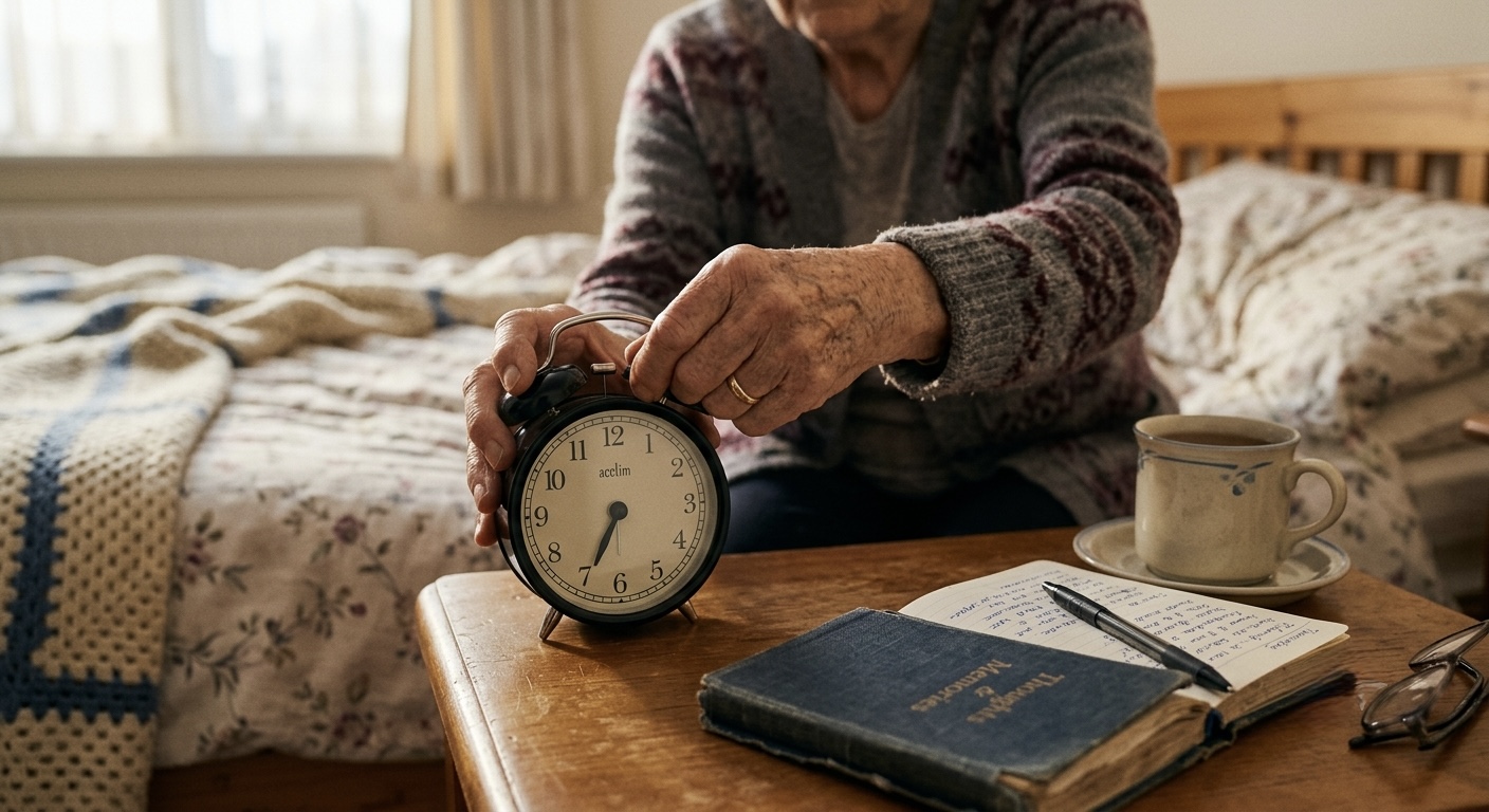 An older person's hands setting a simple alarm clock on a nightstand in soft morning light, a cup of tea and open journal beside it.