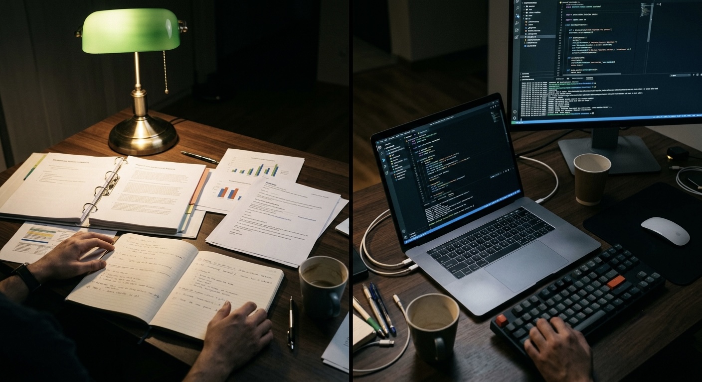 Split-screen desk setup with work documents on one side and laptop with code on the other, dim lighting