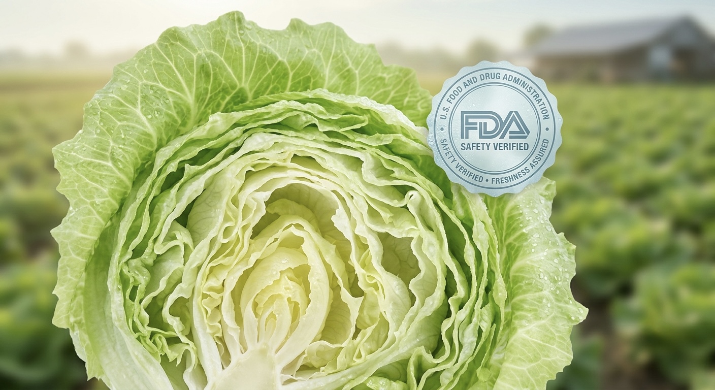 Iceberg lettuce close-up with FDA seal overlay, agricultural field blurred in background